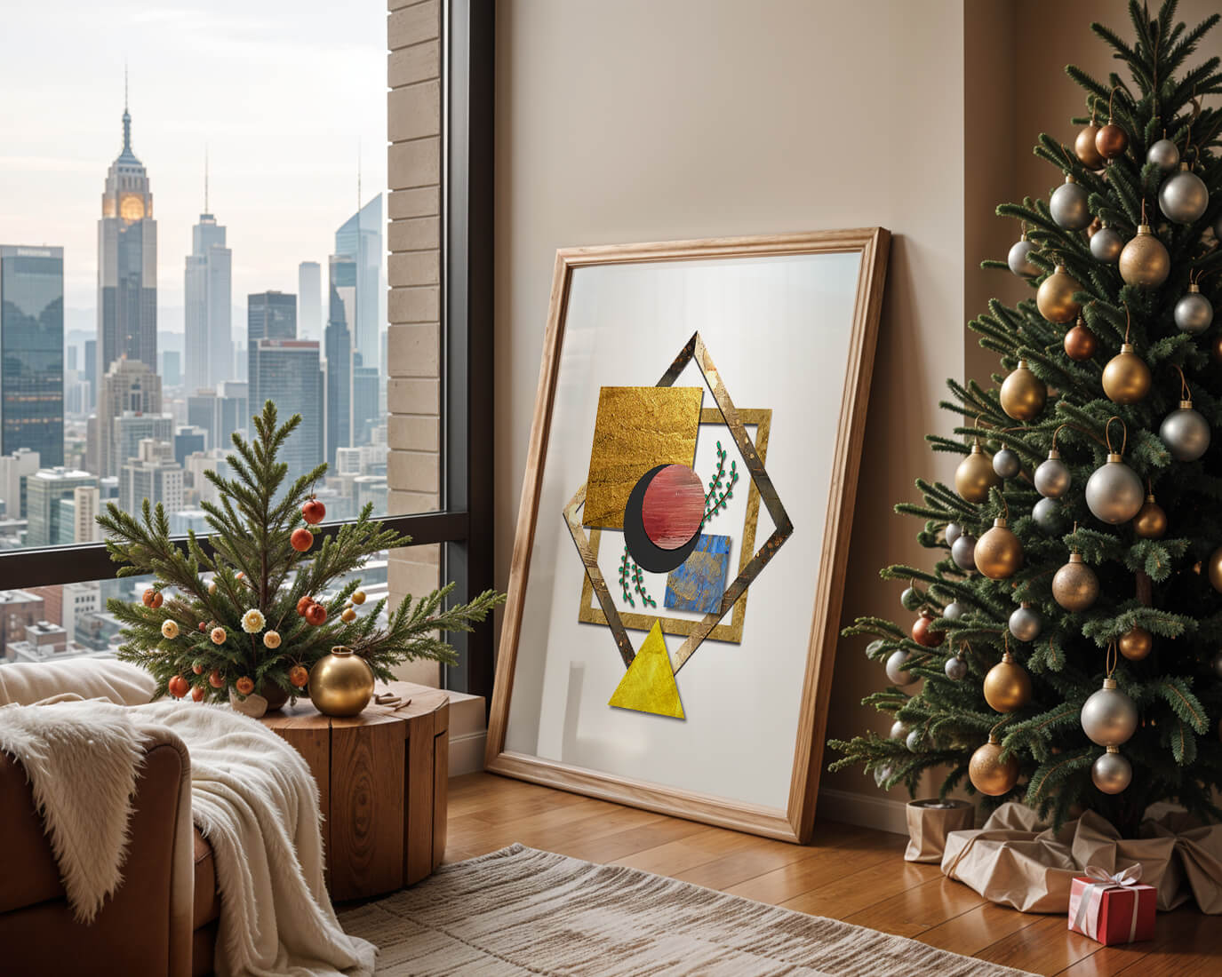 Modern geometric abstract art with vibrant colors and gold accents