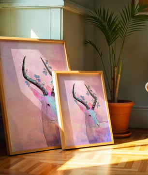Pastel watercolor illustration of antelope with floral horns