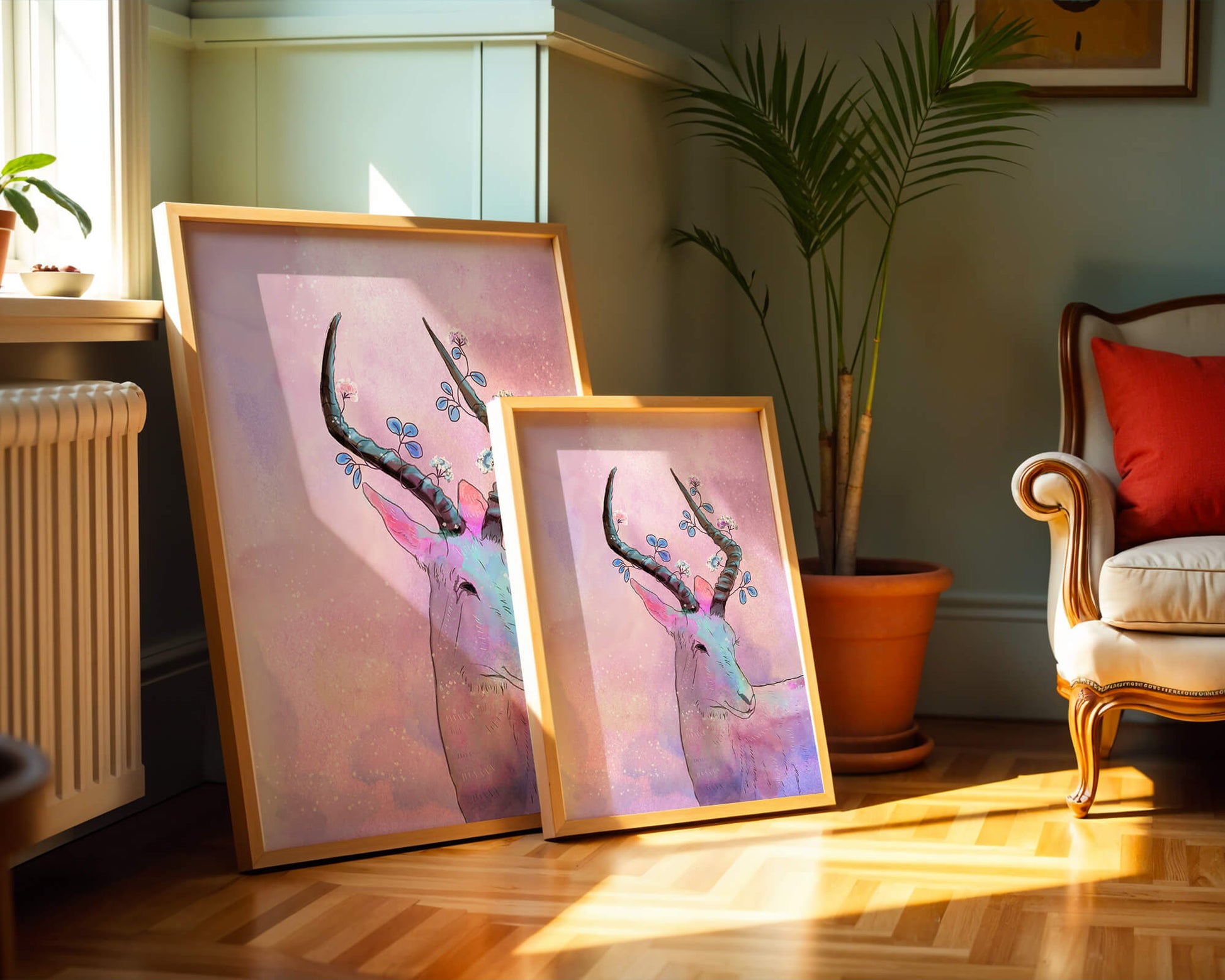 Pastel watercolor illustration of antelope with floral horns