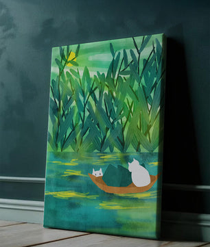 Paisaje sereno con gatos en un bote en medio de una vegetación exuberante