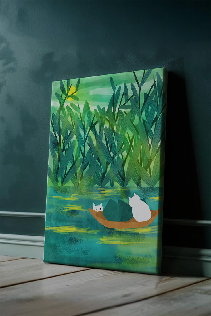 Serene landscape with cats on a boat in lush greenery