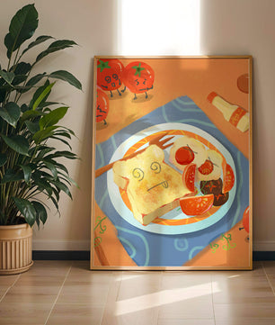 Whimsical Breakfast with Animated Tomatoes and Toast on a Bright Plate