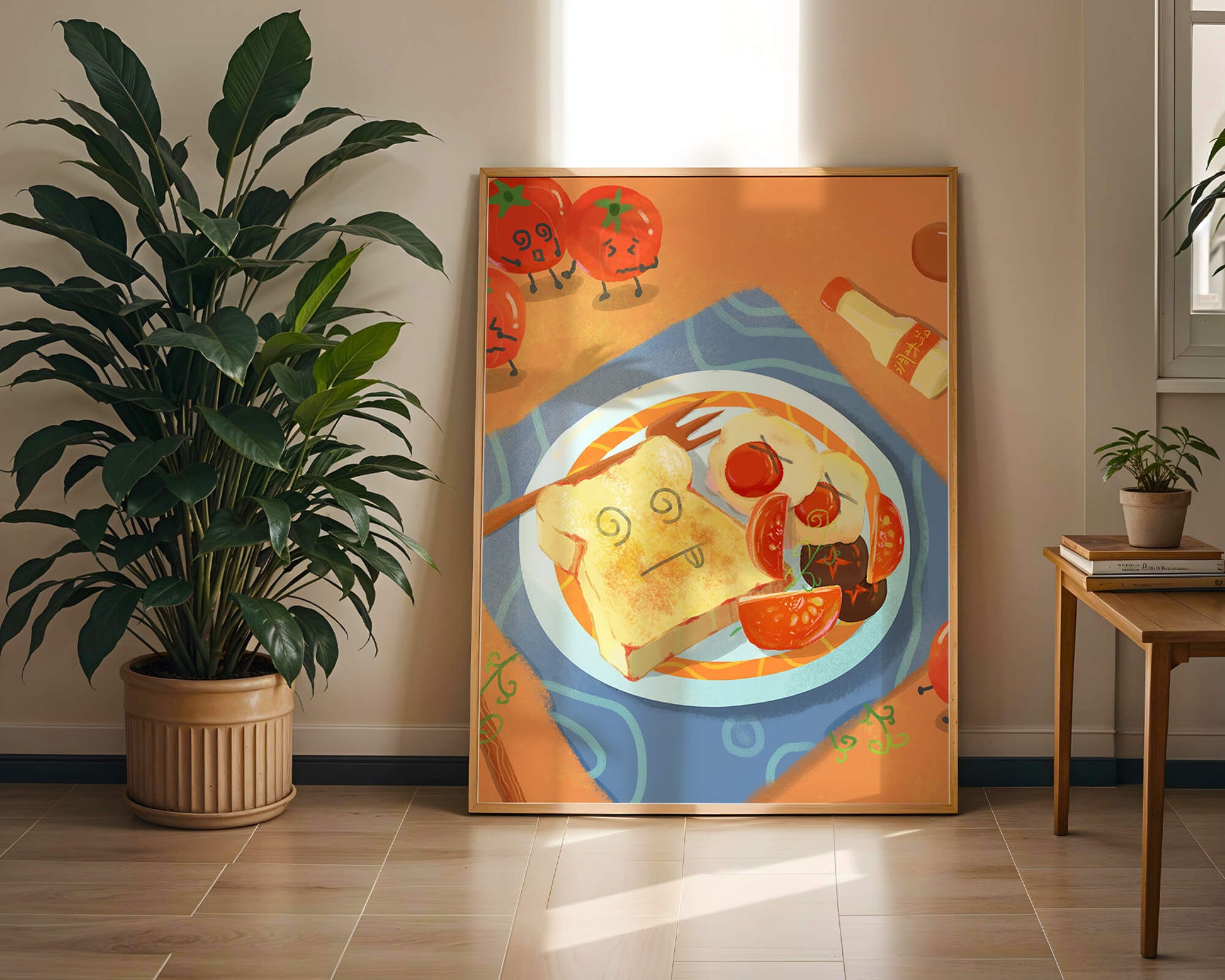 Desayuno caprichoso con tomates animados y tostadas en un plato brillante