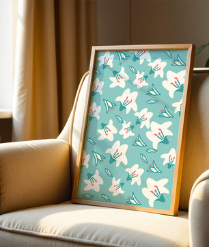 Motif floral avec des lys blancs sur un fond turquoise