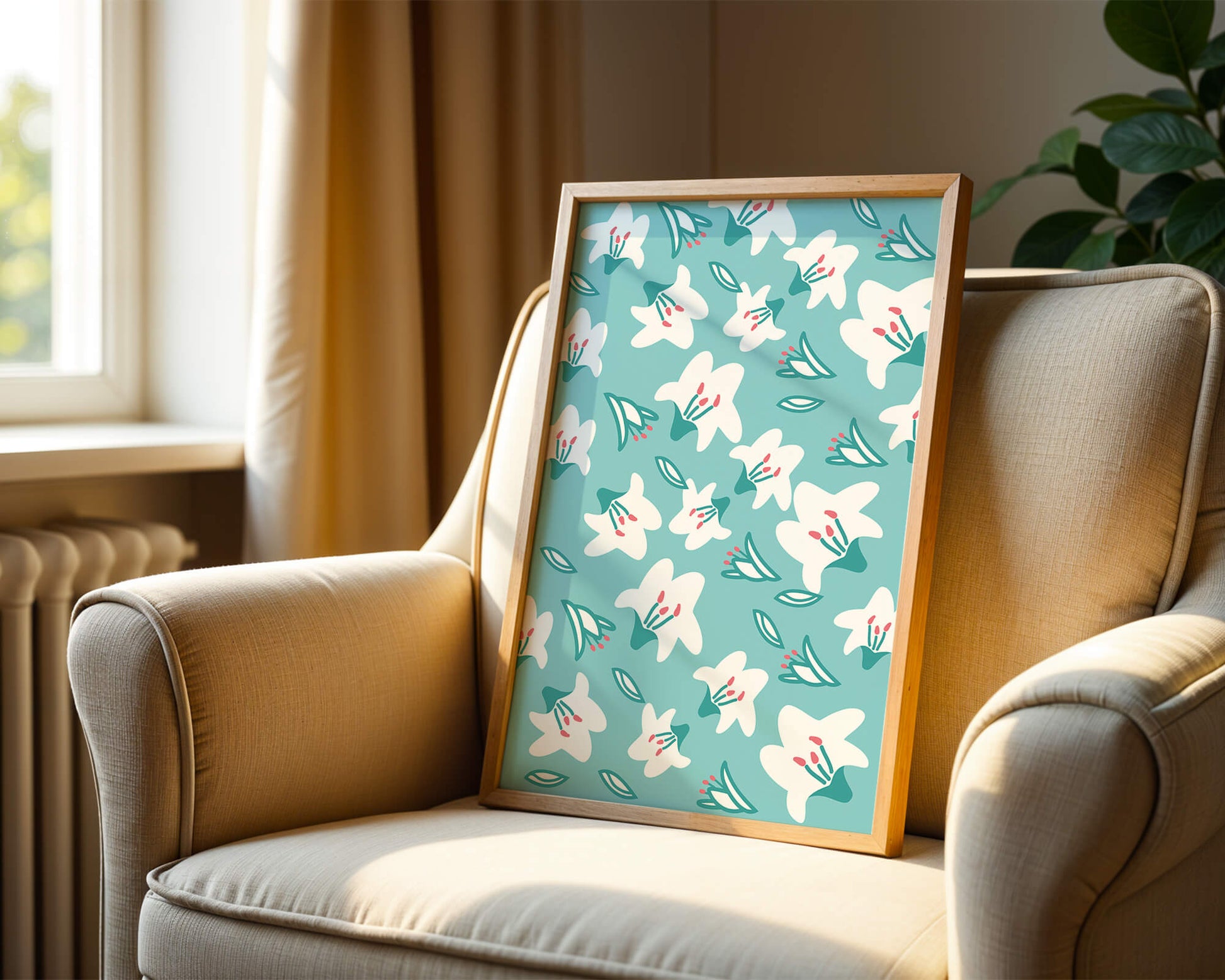 Floral pattern with white lilies on a turquoise background