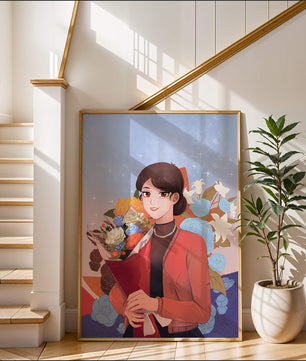 Mujer sosteniendo ramo con fondo floral