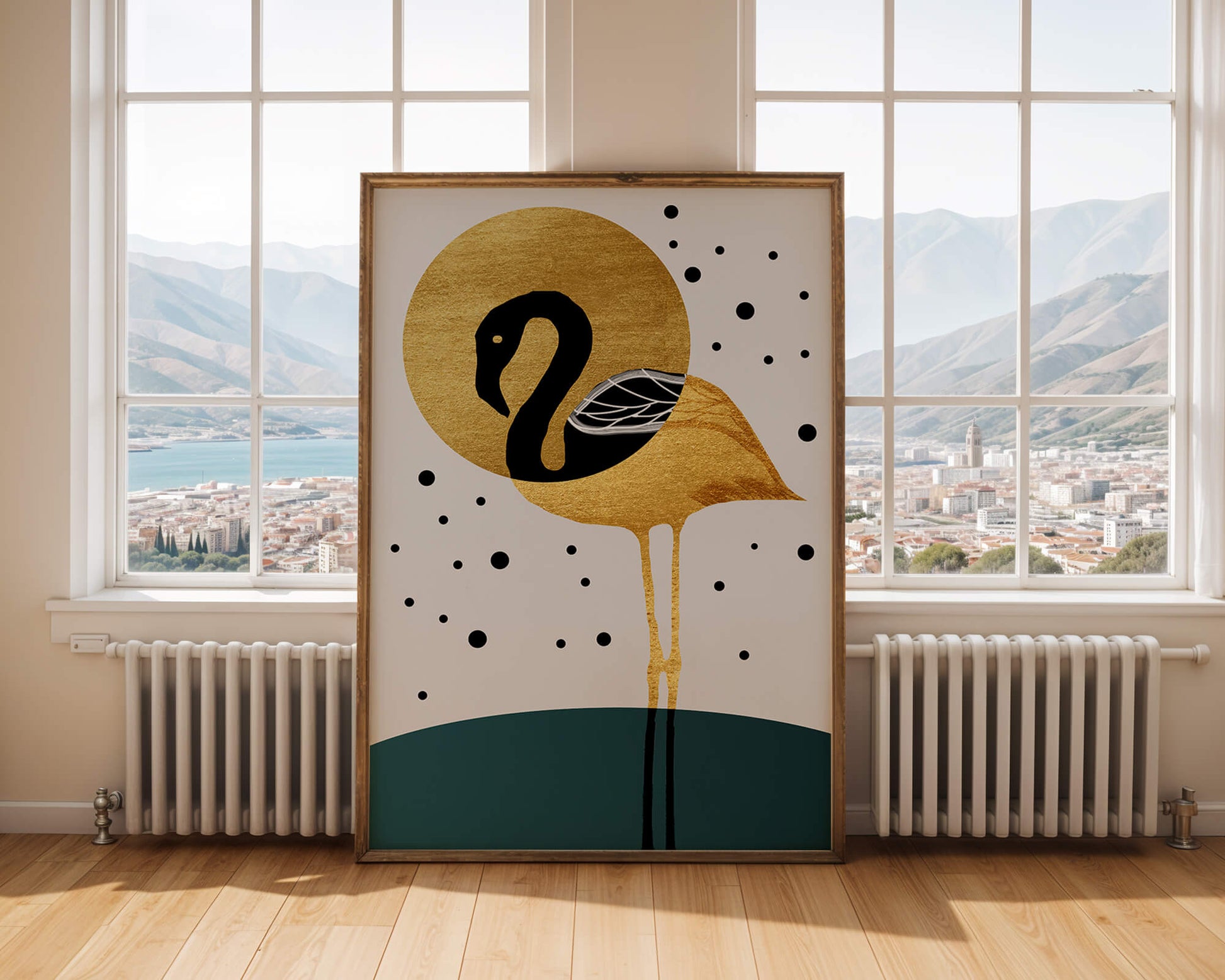 Elegante ilustración de flamenco dorado y negro con elementos de puntos abstractos
