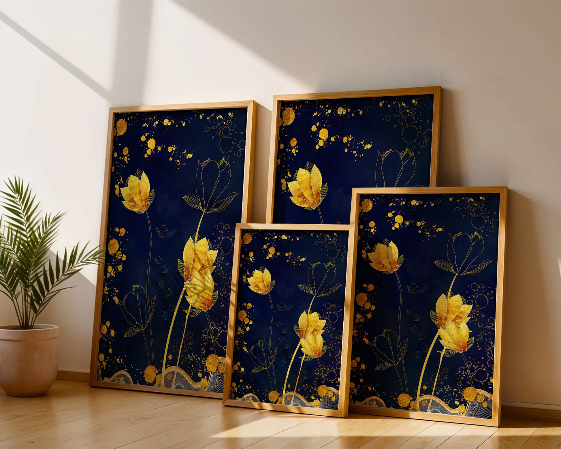 Diseño floral elegante con flores doradas sobre fondo azul marino