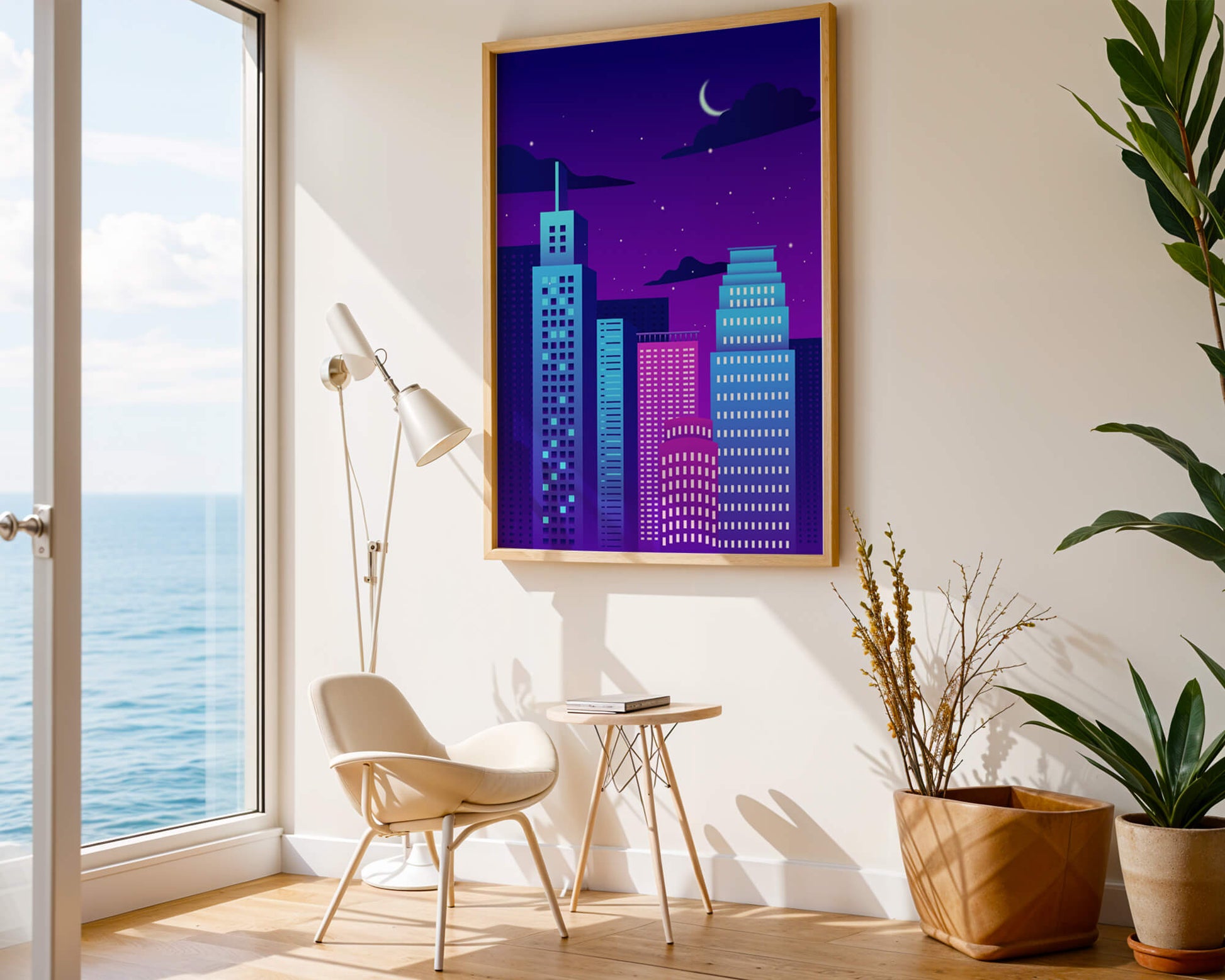 Vibrant city skyline at night with modern skyscrapers and starry sky