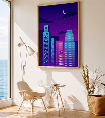 Vibrant city skyline at night with modern skyscrapers and starry sky