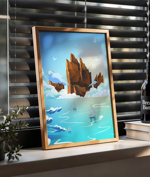 Majestic Sea Cliffs and Sailboats in Serene Landscape