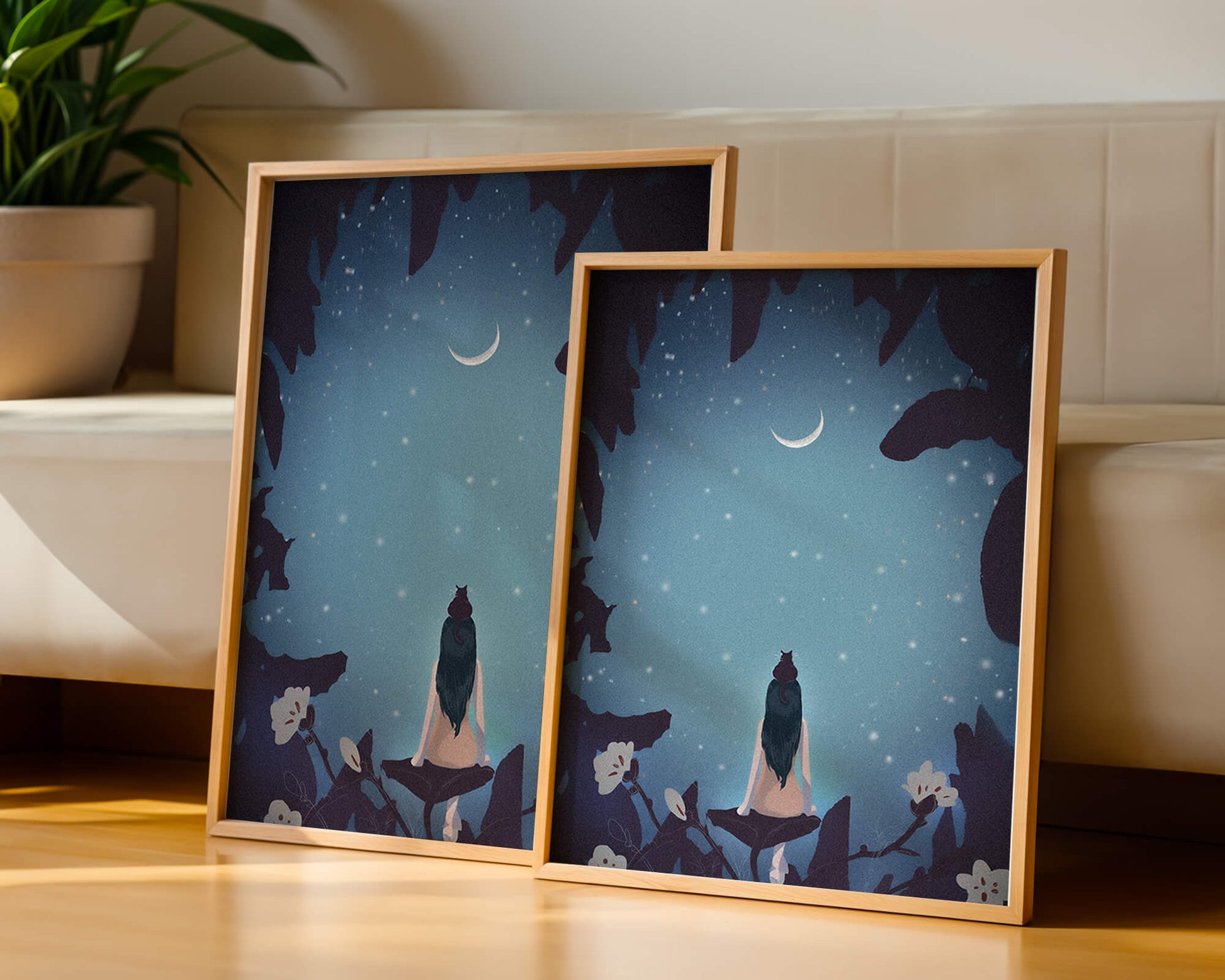Mujer con gato bajo el cielo estrellado nocturno rodeada de elementos florales
