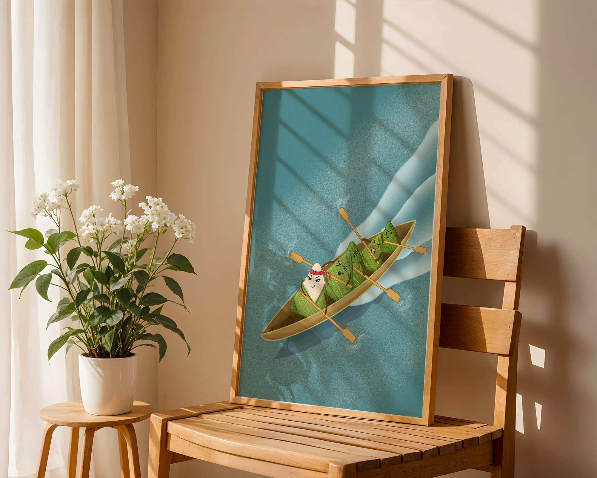 Charming illustration of rice dumplings rowing a boat with expressions