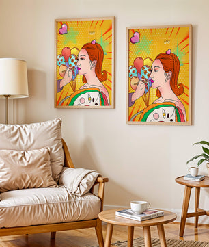 Retrato de mujer en arte pop colorido con globos y patrones vibrantes