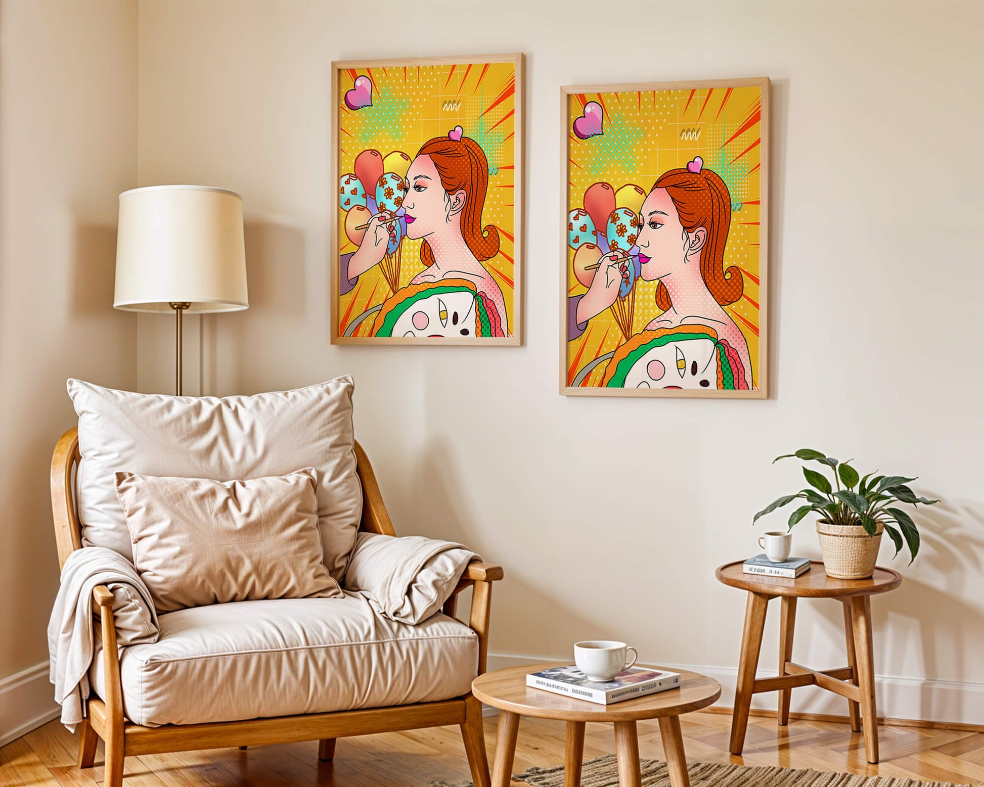Colorful pop art woman portrait with balloons and vibrant patterns