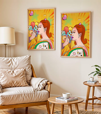 Colorful pop art woman portrait with balloons and vibrant patterns