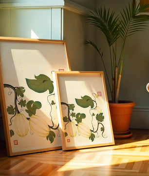 Illustration botanique élégante de melons et de vignes sur un fond texturé