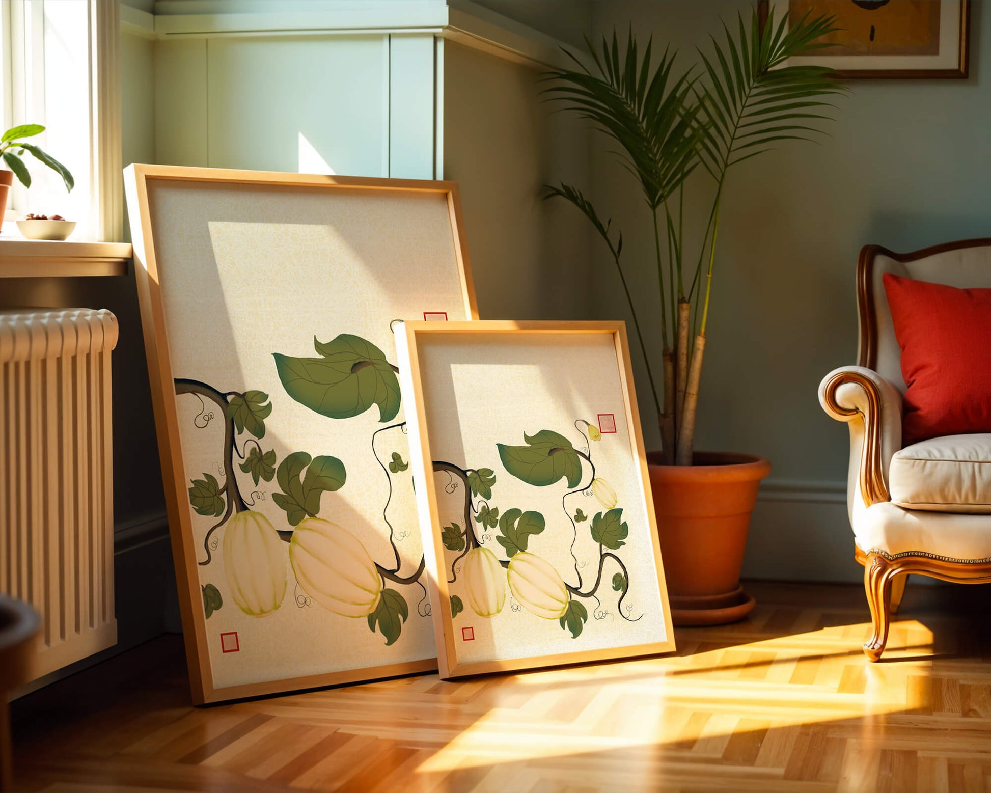 Illustration botanique élégante de melons et de vignes sur un fond texturé