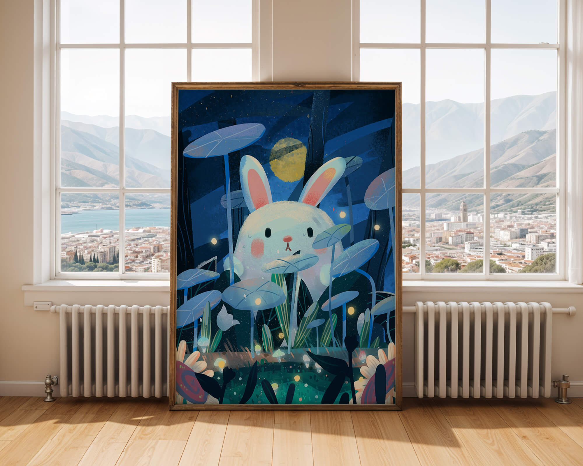 Cute rabbit in a dreamy moonlit forest