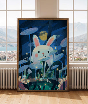 Cute rabbit in a dreamy moonlit forest