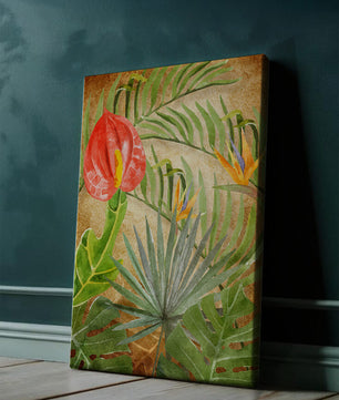 Colorful botanical illustration with tropical leaves on textured background