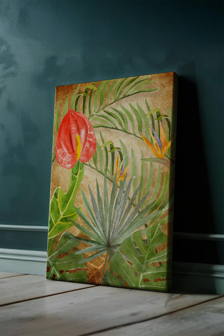 Colorful botanical illustration with tropical leaves on textured background