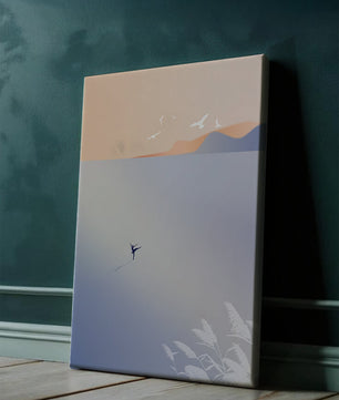 Serene Seaside with Dancer and Birds in Pastel Colors