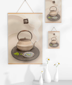 Traditional Japanese teapot with steaming tea and serene setting