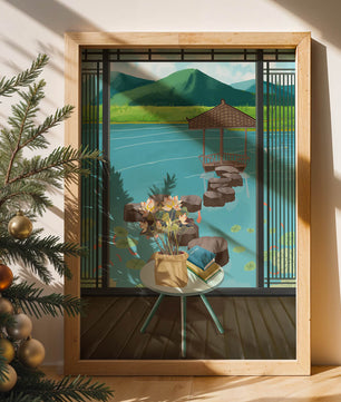 Scenic view from a room overlooking a tranquil water garden with stepping stones and mountains