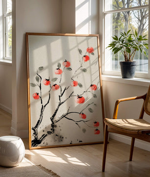 Elegant botanical illustration with vibrant red fruit on branches