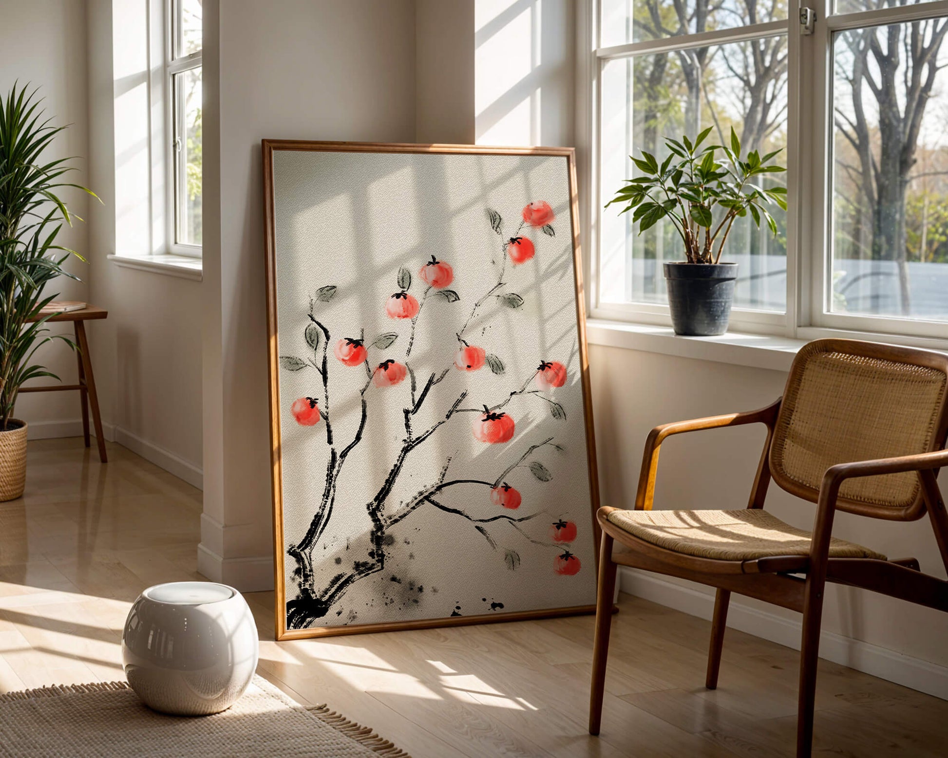 Elegant botanical illustration with vibrant red fruit on branches