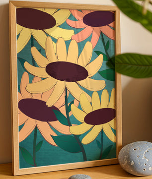 Ilustración floral con margaritas amarillas y naranjas sobre fondo turquesa