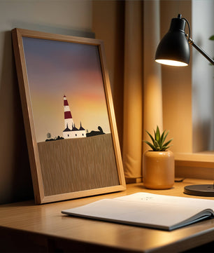 Lighthouse at Dusk with Colorful Sky and Field Landscape