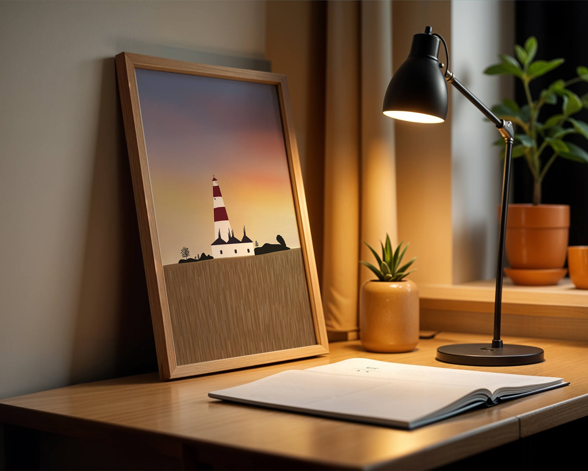 Lighthouse at Dusk with Colorful Sky and Field Landscape