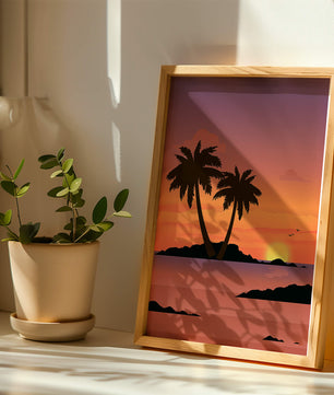 Sunset Over Tropical Island with Palm Trees and Birds - Mi tienda