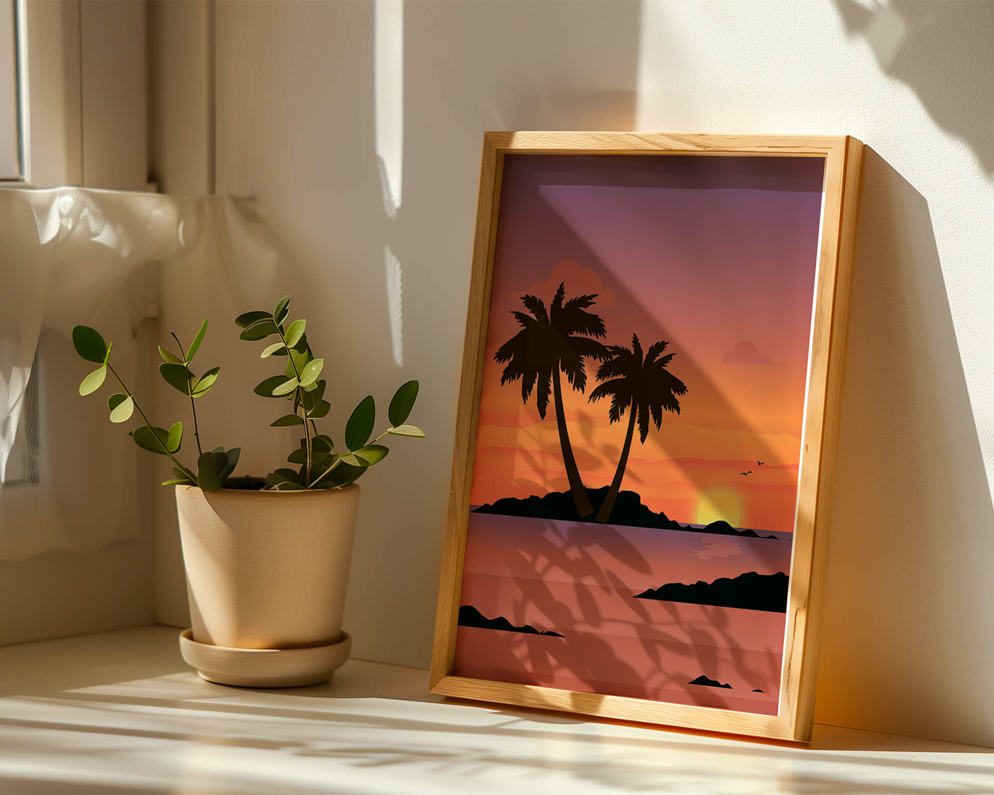 Sunset Over Tropical Island with Palm Trees and Birds - Mi tienda