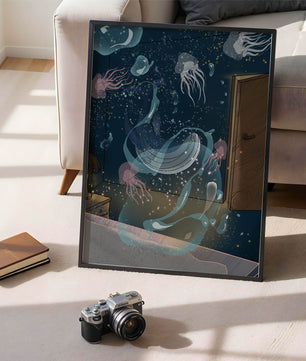 Tema de cuarto submarino con medusas y una puerta