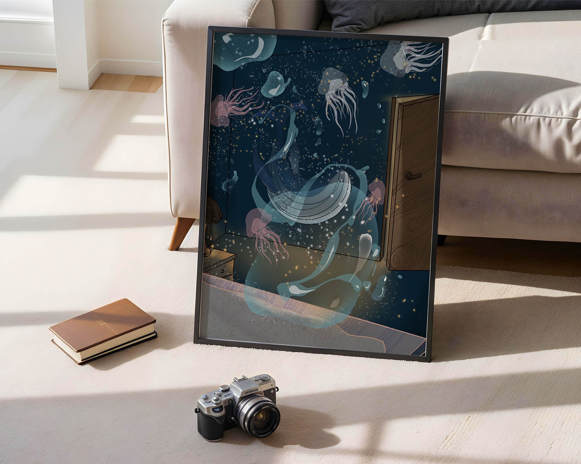 Underwater-themed room with jellyfish and a door