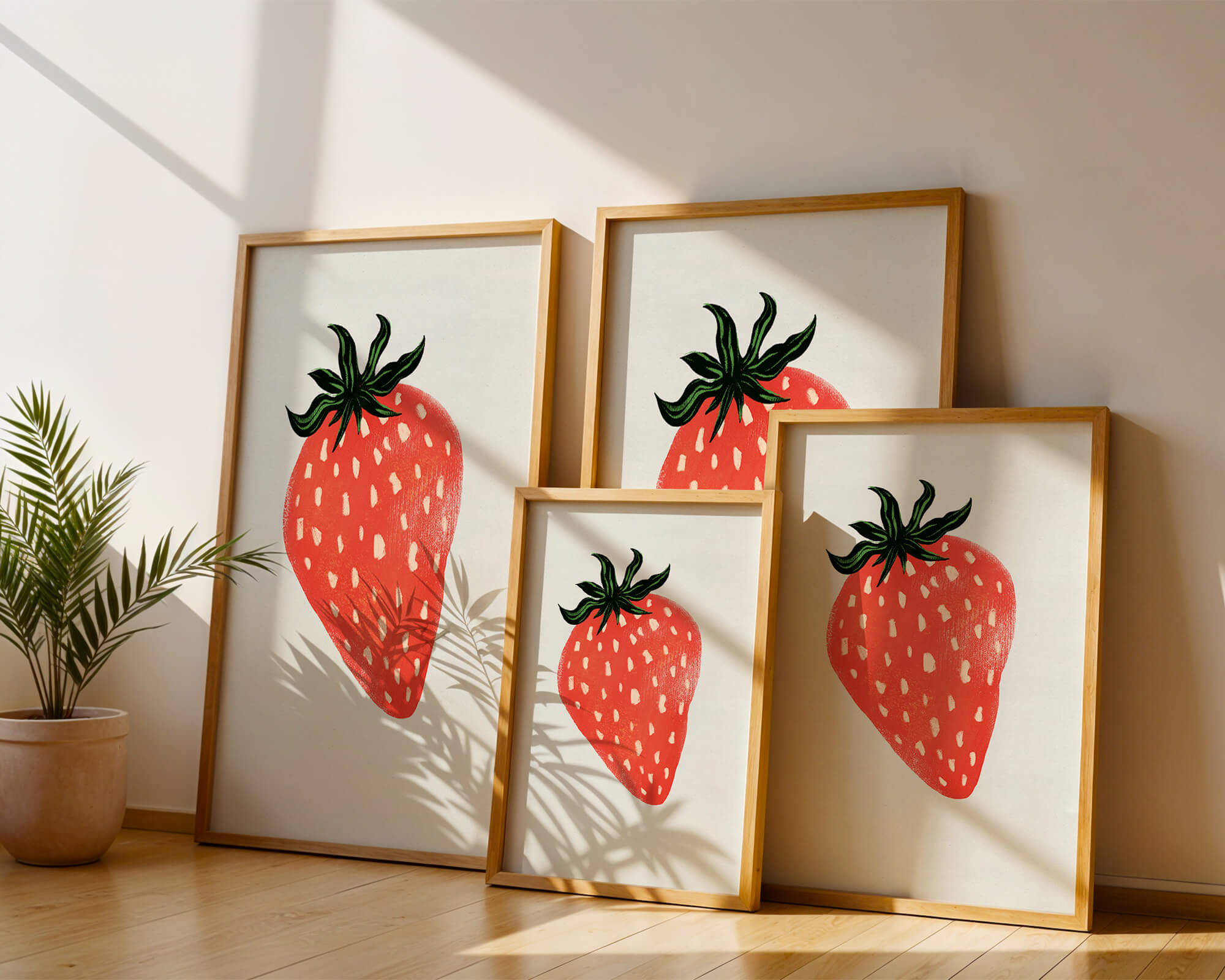 Illustrative design of a vibrant red strawberry with green leaves