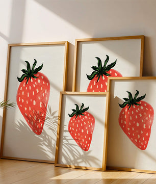Illustrative design of a vibrant red strawberry with green leaves