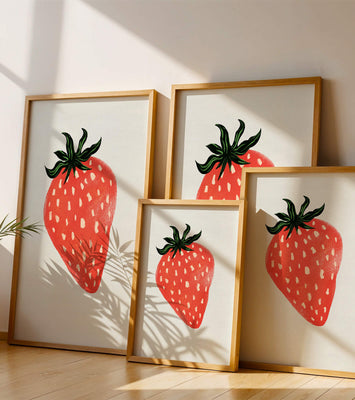 Illustrative design of a vibrant red strawberry with green leaves