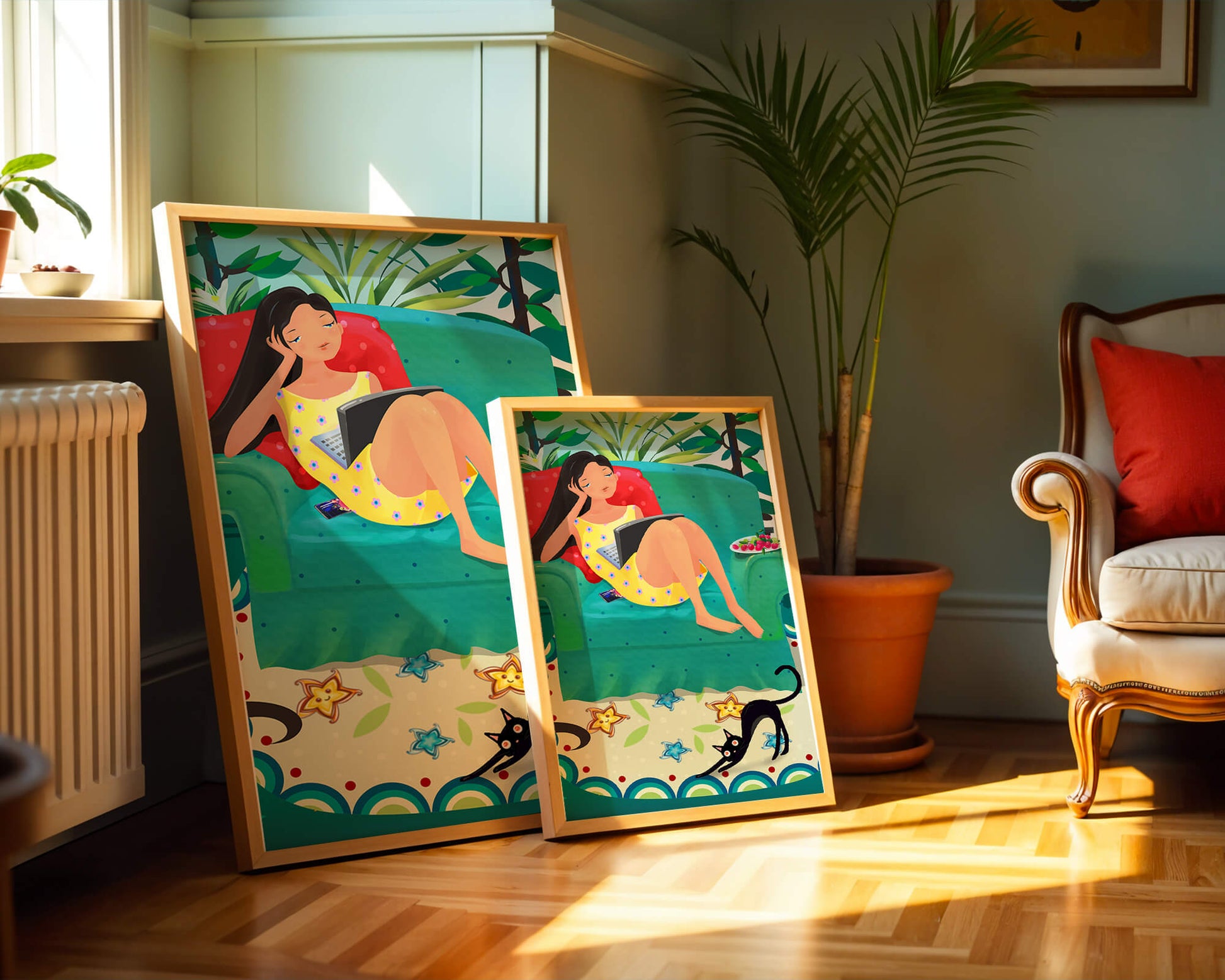 Young Woman Relaxing on Couch with Cat and Fruits in Vibrant Living Room