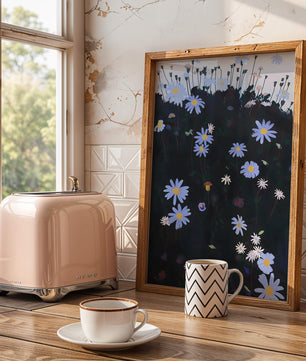 Field Of Blue And White Daisies On A Dark Background