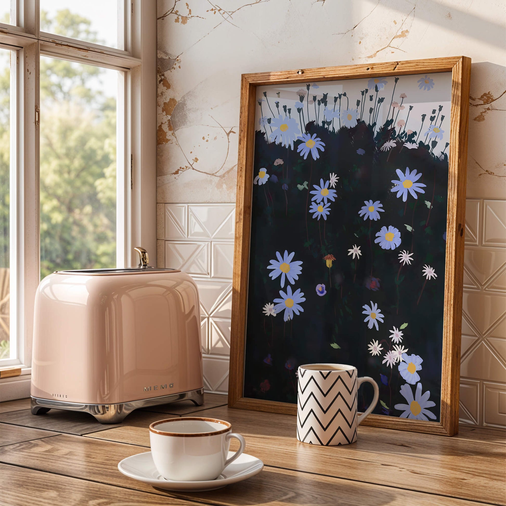 Field Of Blue And White Daisies On A Dark Background
