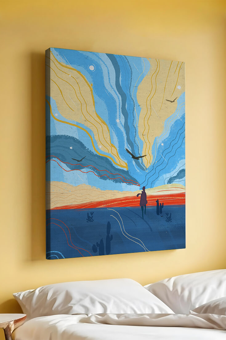 Colorful abstract landscape with figure and birds