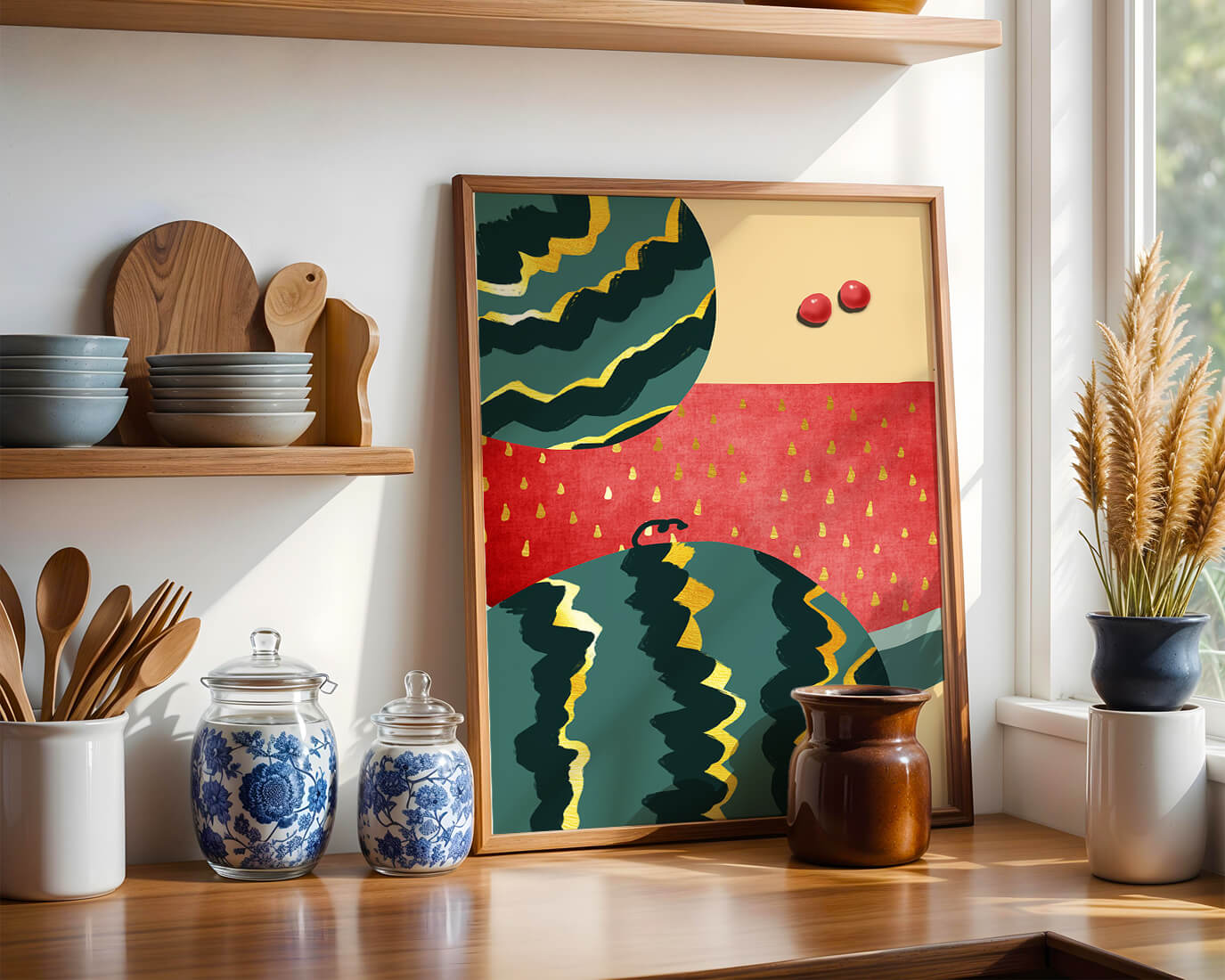 Arte abstracto vibrante de sandía con reflejos dorados