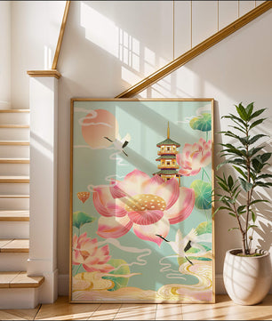 Paysage serein avec des fleurs de lotus et une pagode traditionnelle