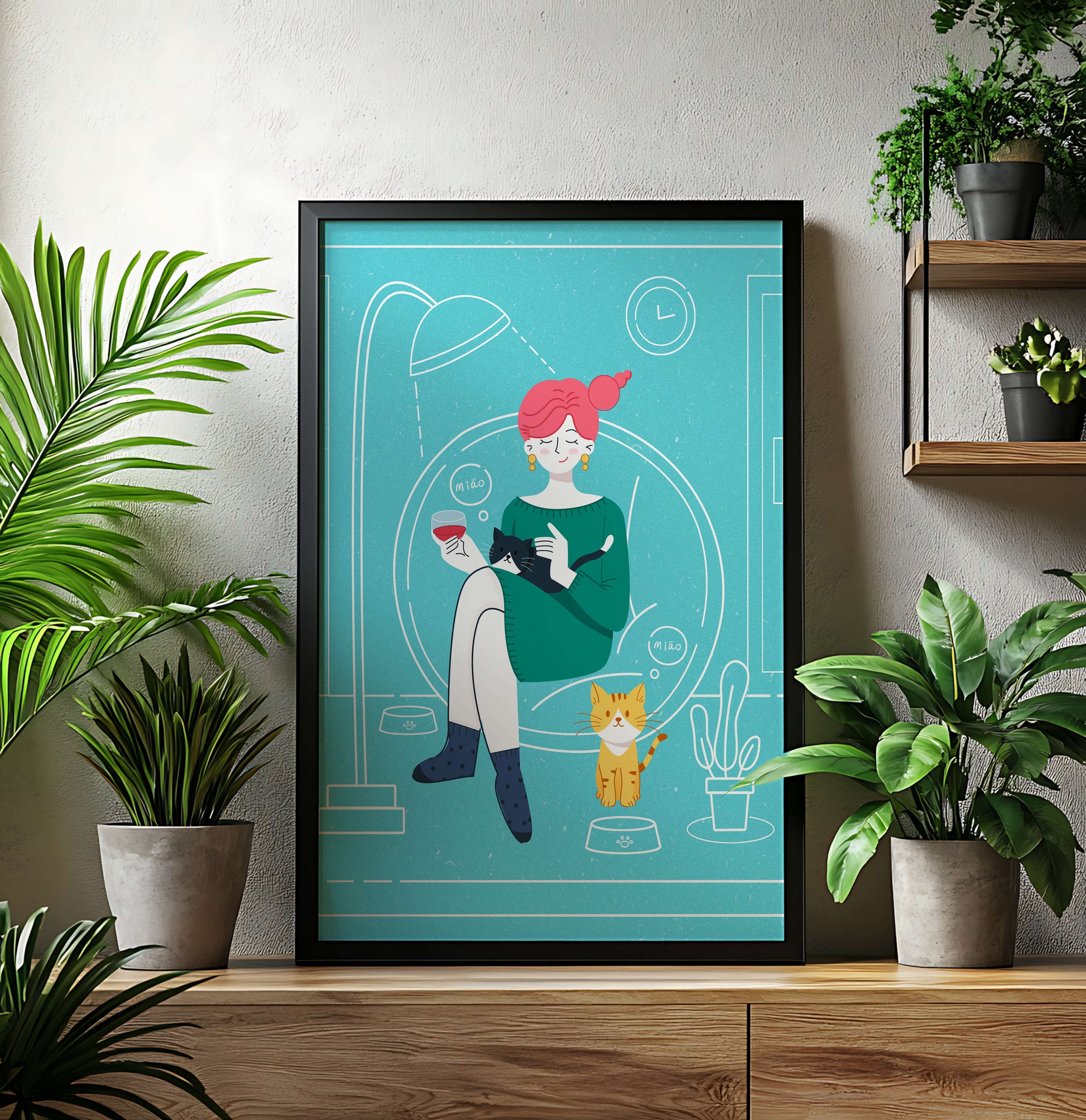 Acogedora velada con gatos en una sala de estar escandinava