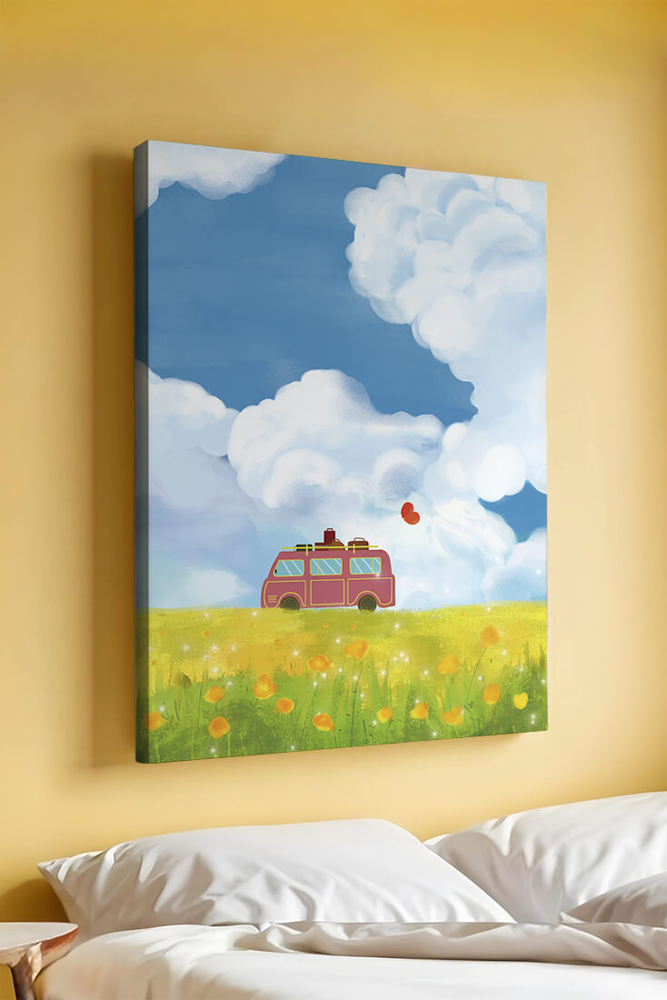 Colorful Van in a Vibrant Field with Balloons and Luggage