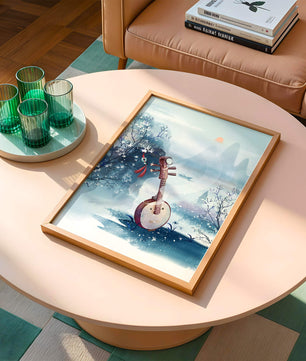 Paisaje tradicional chino con instrumento musical y flores